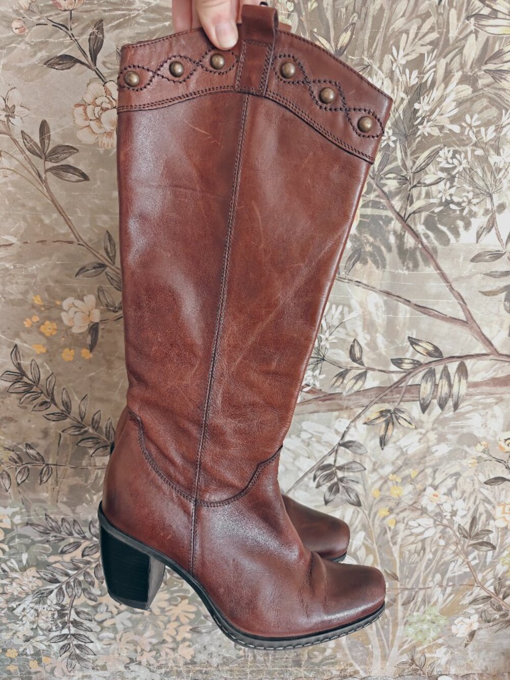 Sundance Cognac Brown Leather Studded Tall Knee High Boots EU 36 US 6